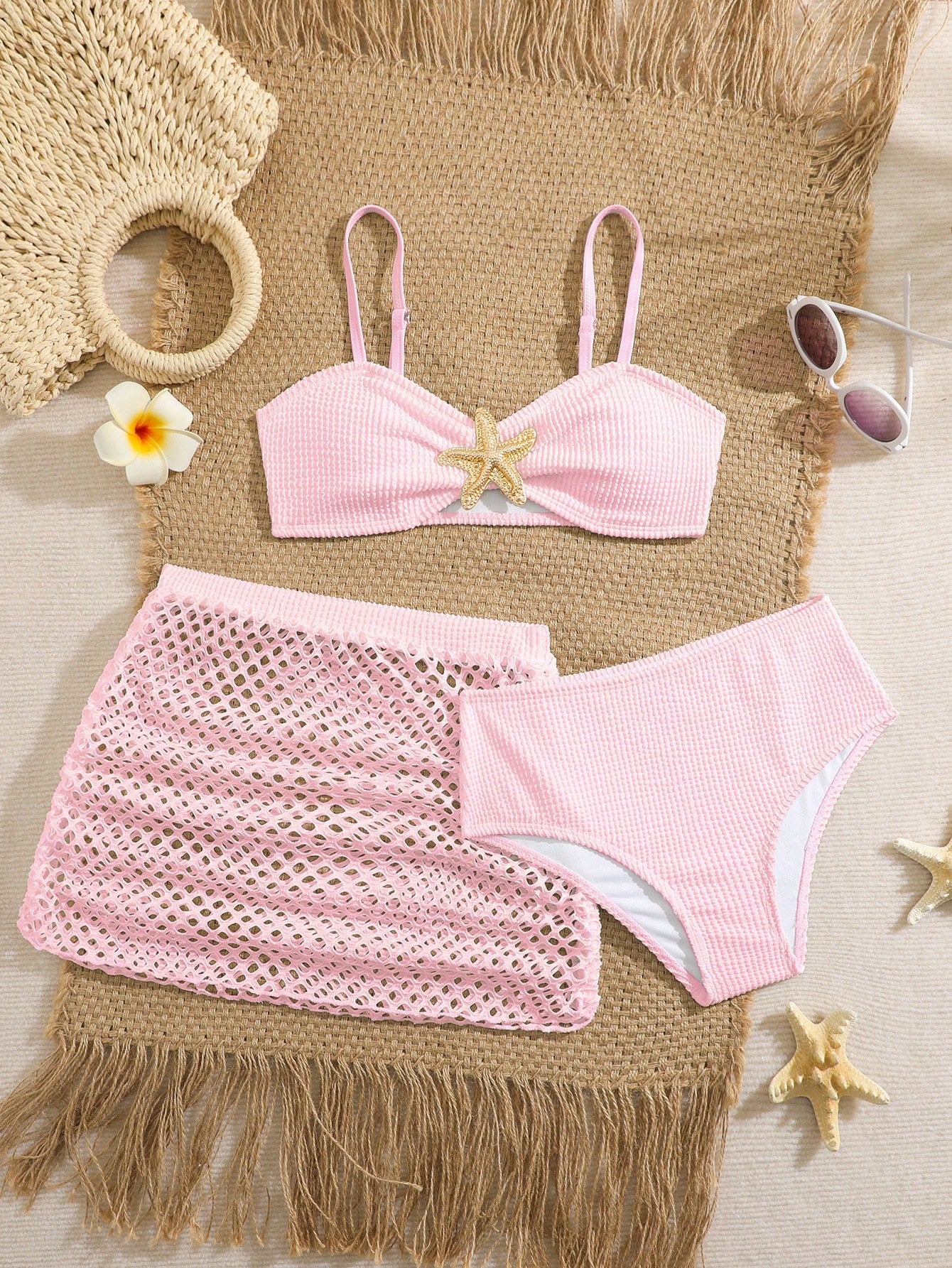 Pink Summer Cute Beach Holiday Tween Girl Elegant Bikini Set With Starfish Decor,Ruffle Beach Dress 3-Piece Children's Swimwear For Teenagers,Vacation
