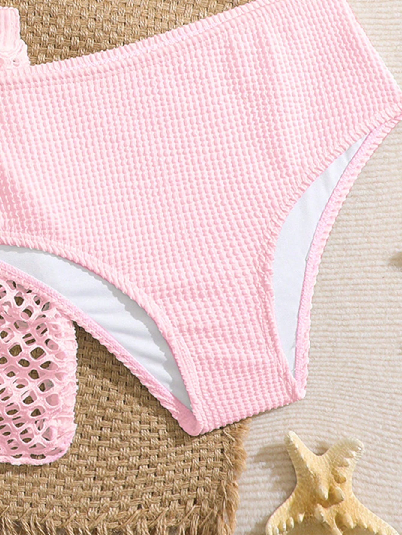 Pink Summer Cute Beach Holiday Tween Girl Elegant Bikini Set With Starfish Decor,Ruffle Beach Dress 3-Piece Children's Swimwear For Teenagers,Vacation
