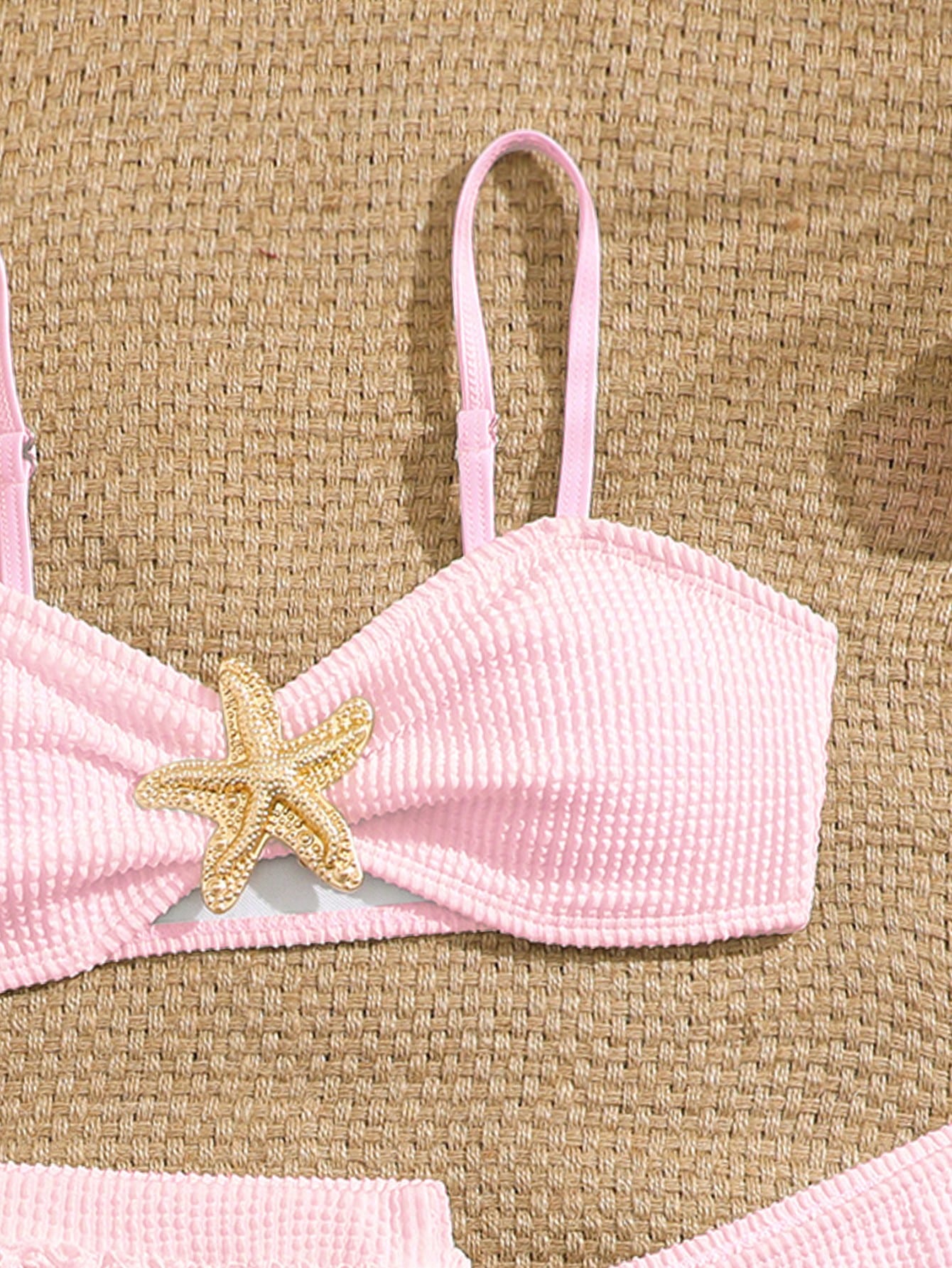 Pink Summer Cute Beach Holiday Tween Girl Elegant Bikini Set With Starfish Decor,Ruffle Beach Dress 3-Piece Children's Swimwear For Teenagers,Vacation