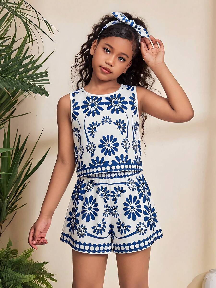Tween girl wearing a tropical floral print two-piece vacation set featuring a sleeveless round neck tank top with button details and matching shorts.