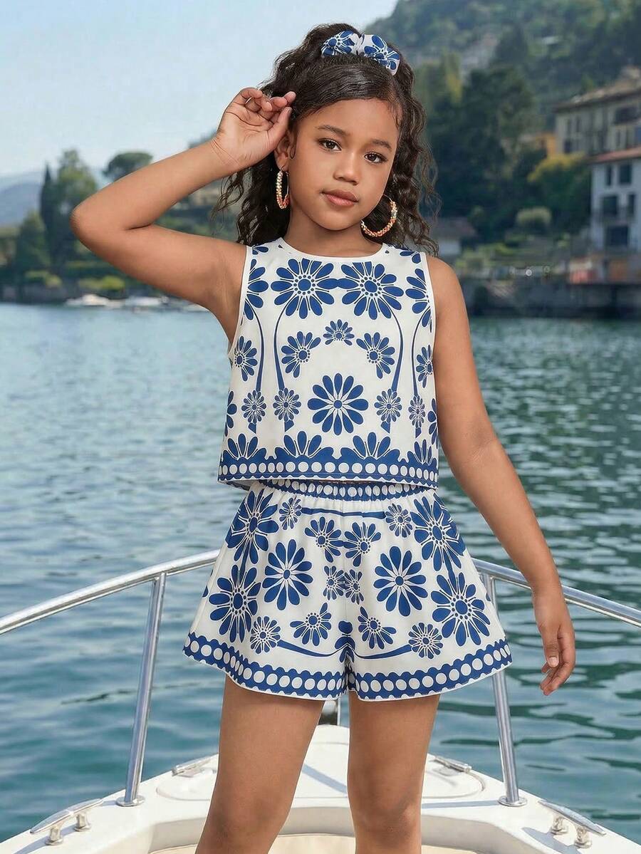 Tween girl wearing a tropical floral print two-piece vacation set featuring a sleeveless round neck tank top with button details and matching shorts.