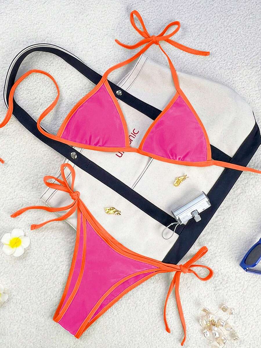 Women's apricot solid halter tie bikini top with triangle cups and matching tie-side swimsuit bottoms.