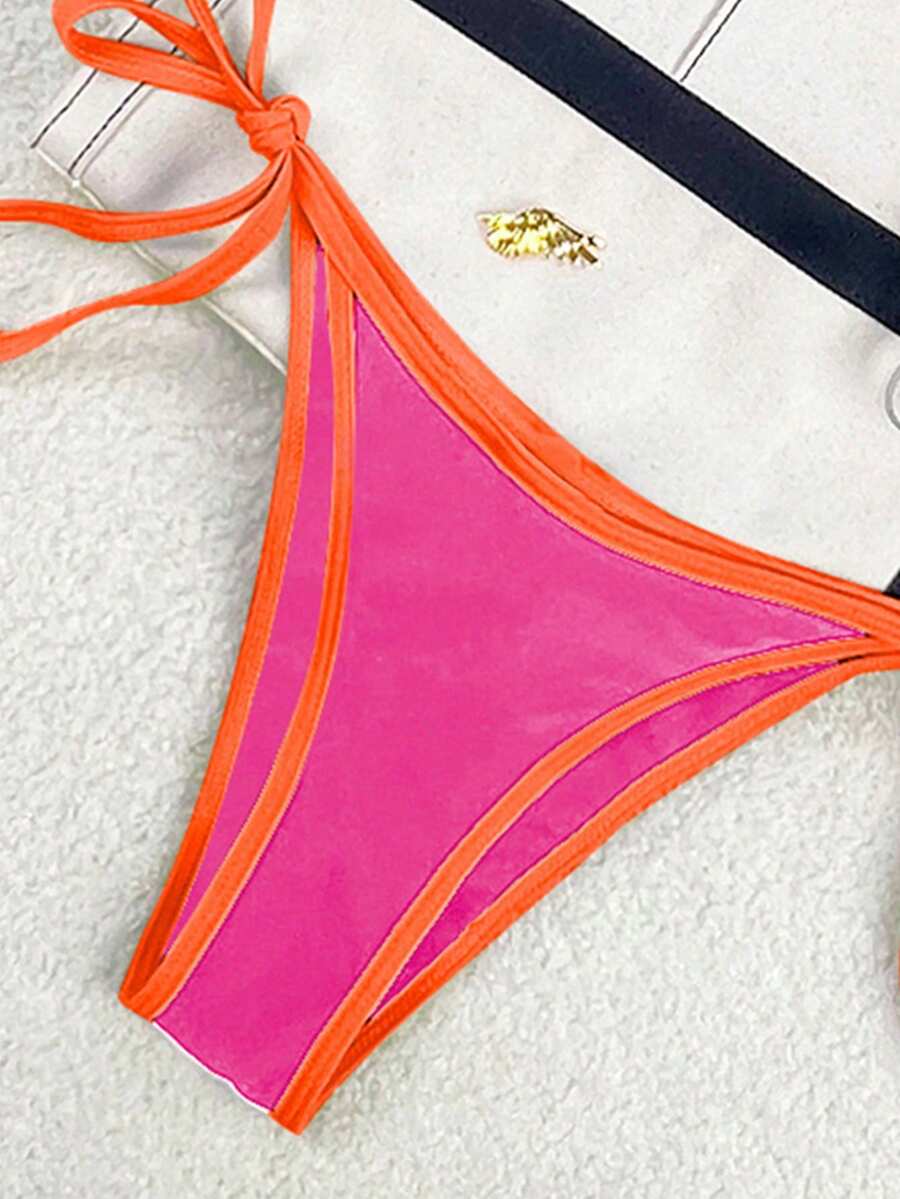 Women's apricot solid halter tie bikini top with triangle cups and matching tie-side swimsuit bottoms.