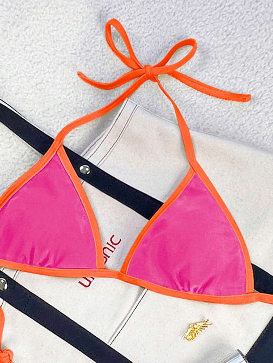 Women's apricot solid halter tie bikini top with triangle cups and matching tie-side swimsuit bottoms.