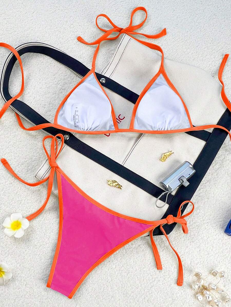 Women's apricot solid halter tie bikini top with triangle cups and matching tie-side swimsuit bottoms.