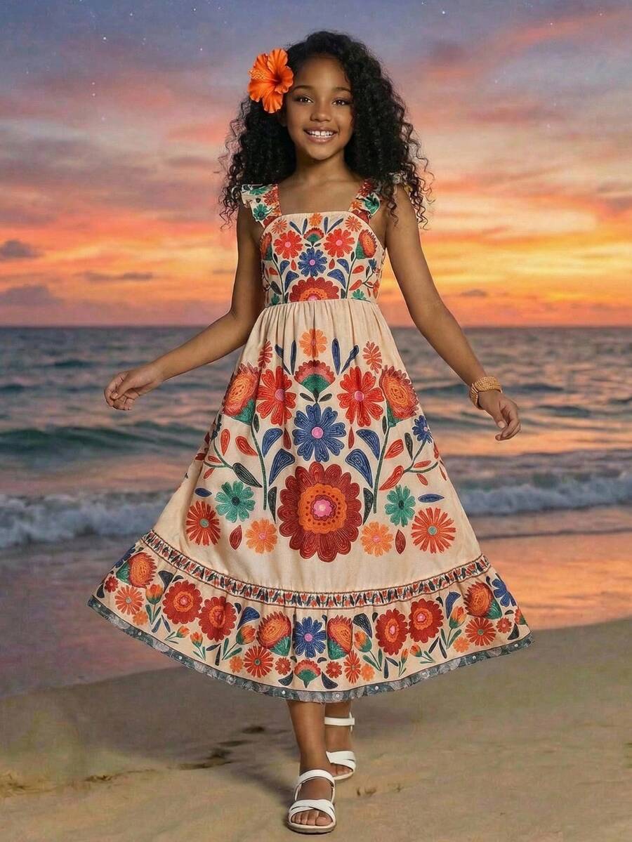 Blue floral print long vacation dress for tween girls featuring an A-line high waist silhouette with ruffle details and spaghetti straps.