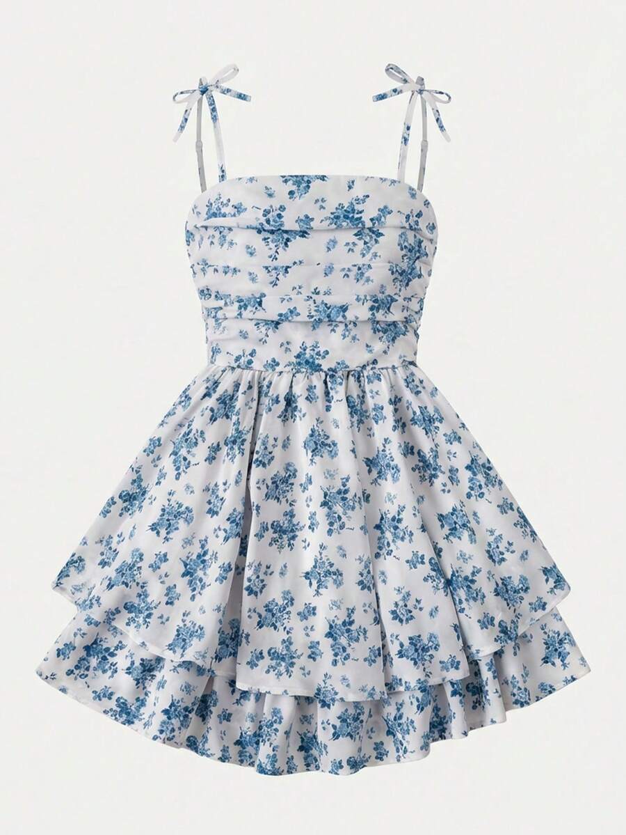 Tween girls apricot tiered cami dress with spaghetti straps, high waist, and slim fit layered hem.