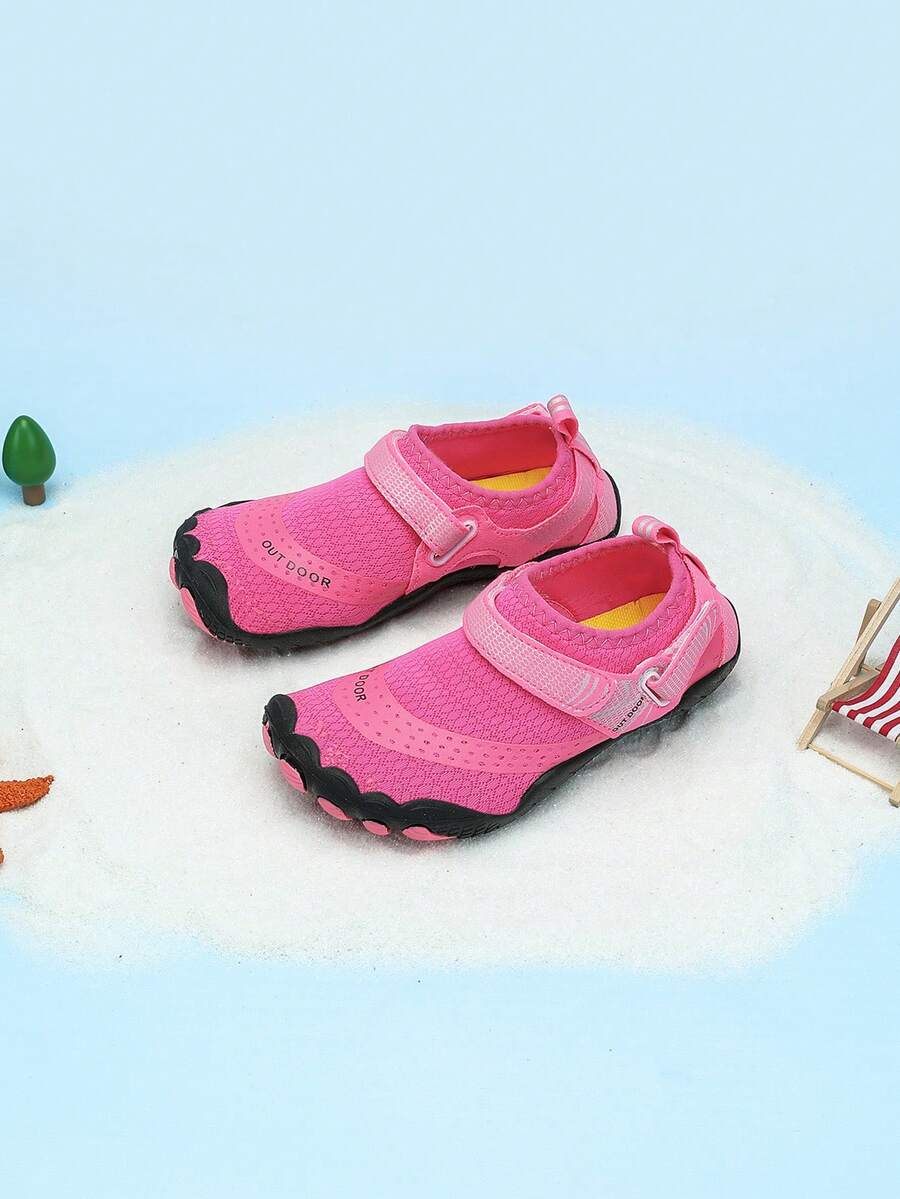 Rose red girls' water shoes with hook and loop closure, rib-knit details, colorblock pattern, and non-slip rubber outsole.