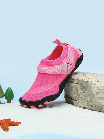 Rose red girls' water shoes with hook and loop closure, rib-knit details, colorblock pattern, and non-slip rubber outsole.