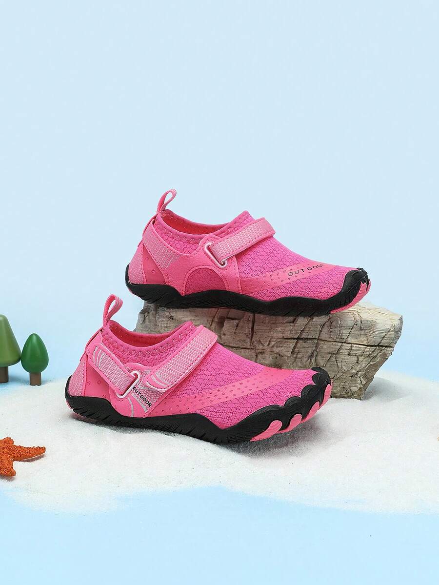 Rose red girls' water shoes with hook and loop closure, rib-knit details, colorblock pattern, and non-slip rubber outsole.