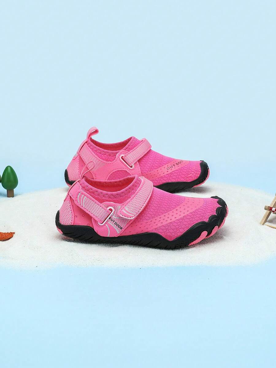 Rose red girls' water shoes with hook and loop closure, rib-knit details, colorblock pattern, and non-slip rubber outsole.