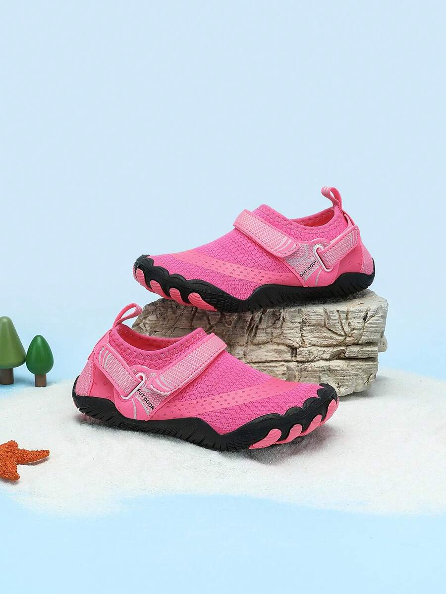 Rose red girls' water shoes with hook and loop closure, rib-knit details, colorblock pattern, and non-slip rubber outsole.