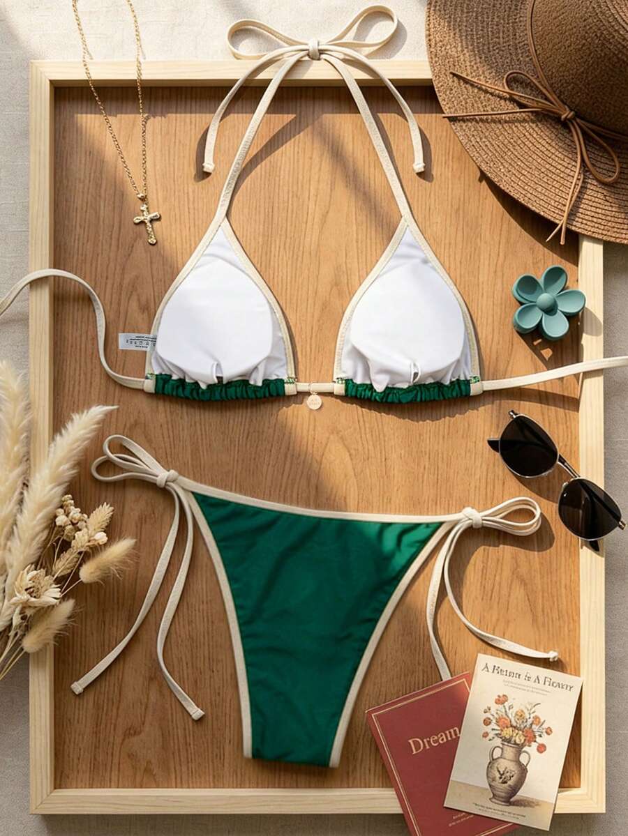 Women's high waist 2-piece triangle bikini set featuring colorblock trim, halter neckline, wireless bra with removable padding, and tie-side bottoms.