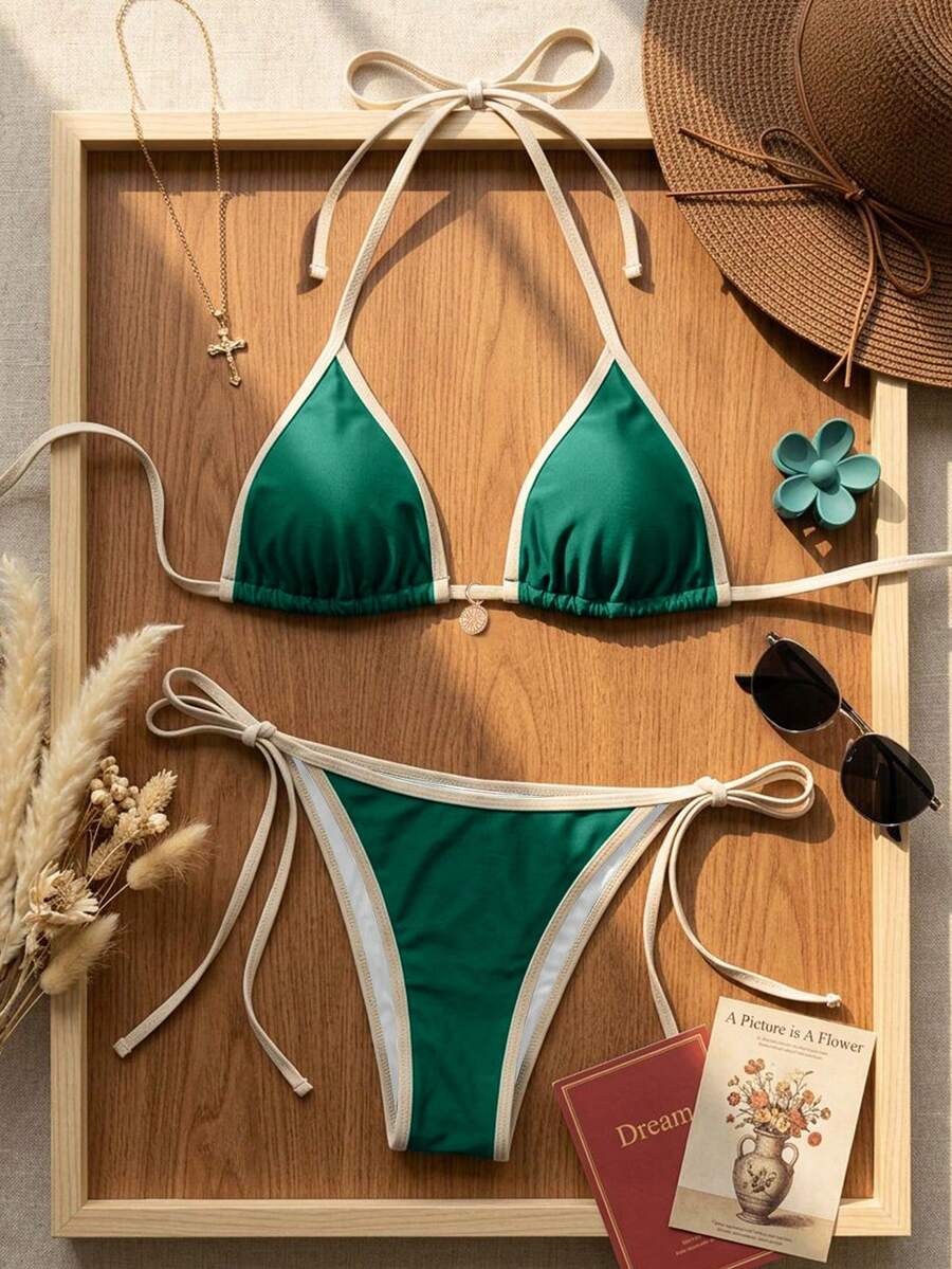 Women's high waist 2-piece triangle bikini set featuring colorblock trim, halter neckline, wireless bra with removable padding, and tie-side bottoms.
