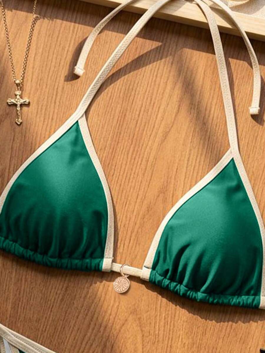 Women's high waist 2-piece triangle bikini set featuring colorblock trim, halter neckline, wireless bra with removable padding, and tie-side bottoms.