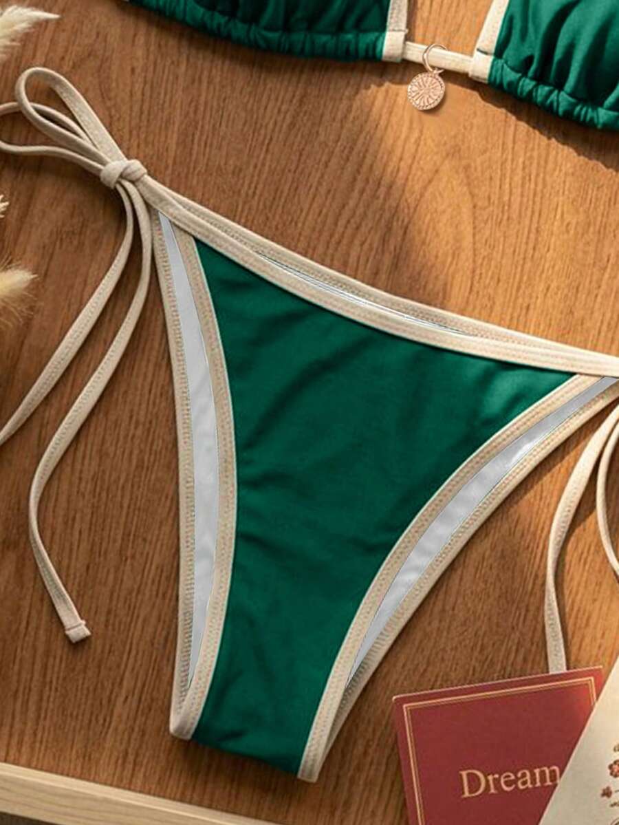 Women's high waist 2-piece triangle bikini set featuring colorblock trim, halter neckline, wireless bra with removable padding, and tie-side bottoms.