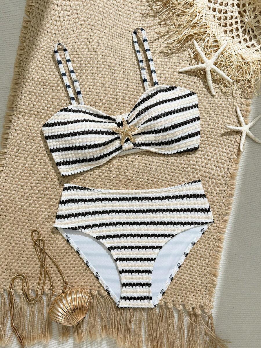 Tween girls pink and white striped two-piece bikini set with spaghetti strap bandeau top, starfish decor, and high waist swim bottoms for beach and vacation wear