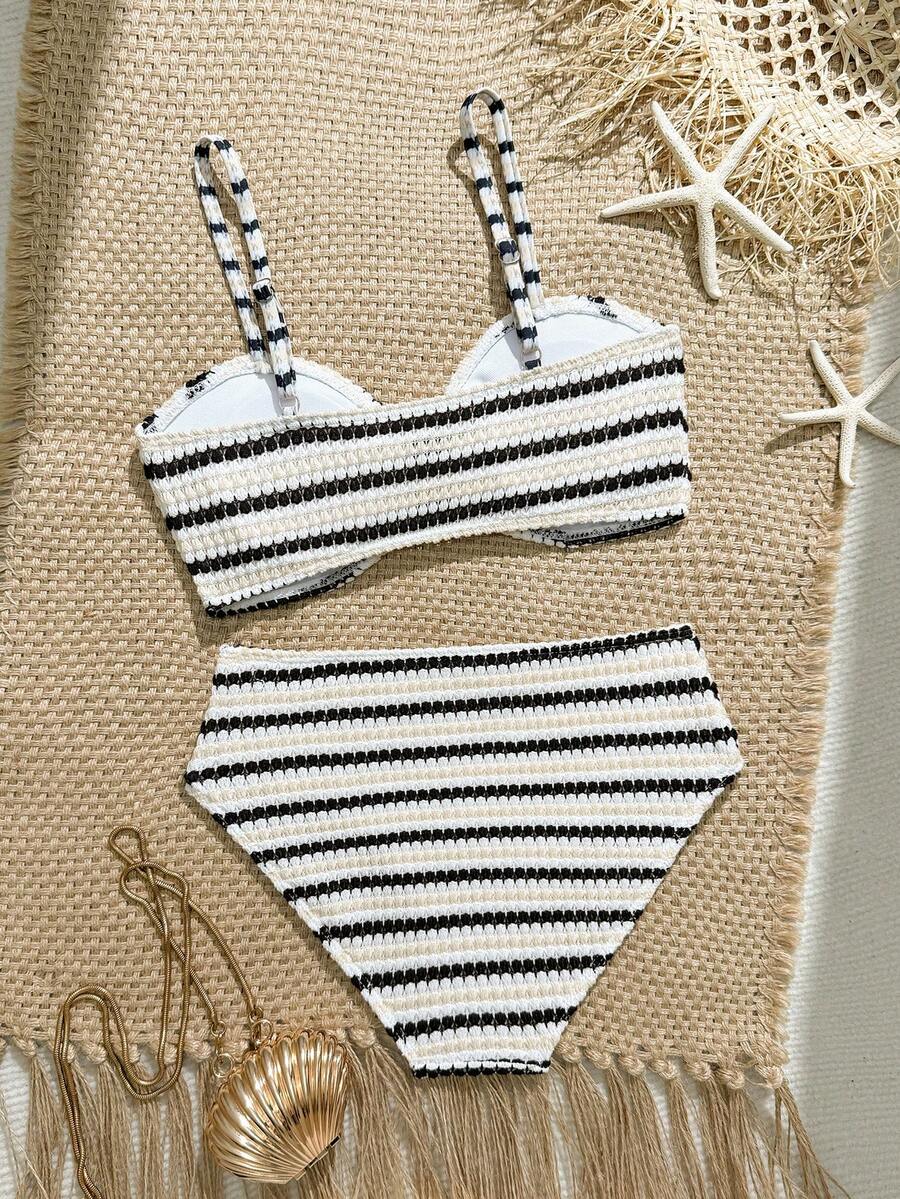 Tween girls pink and white striped two-piece bikini set with spaghetti strap bandeau top, starfish decor, and high waist swim bottoms for beach and vacation wear