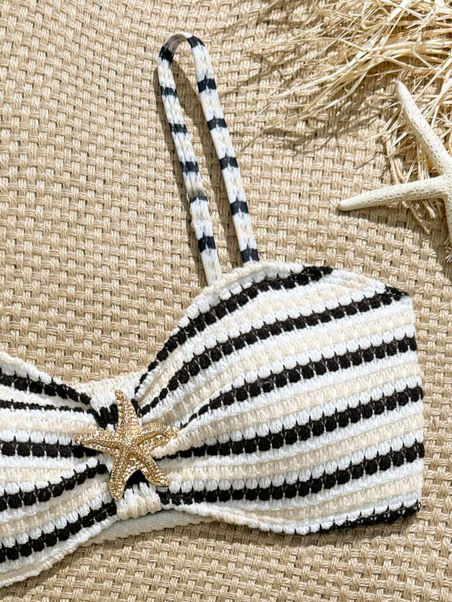 Tween girls pink and white striped two-piece bikini set with spaghetti strap bandeau top, starfish decor, and high waist swim bottoms for beach and vacation wear