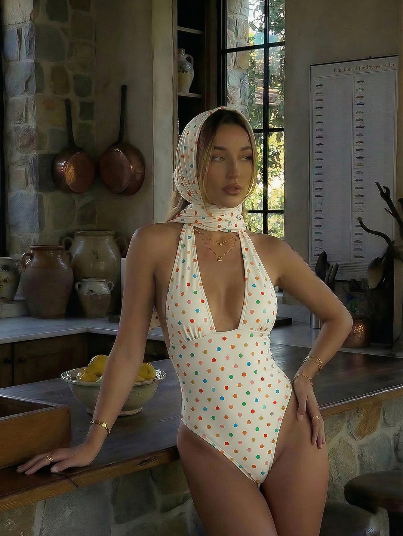 Women's apricot polka dot two-piece swimsuit featuring an asymmetrical halter backless top with knot tie detail and high-waisted bottoms.