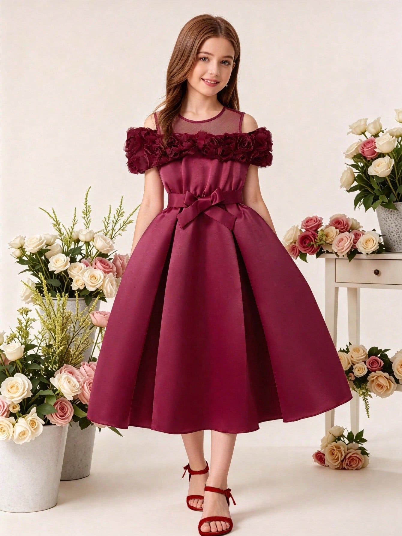 Tween girls dusty blue casual A-line dress with round neck, ruffle accents, high waist, and flared hem.