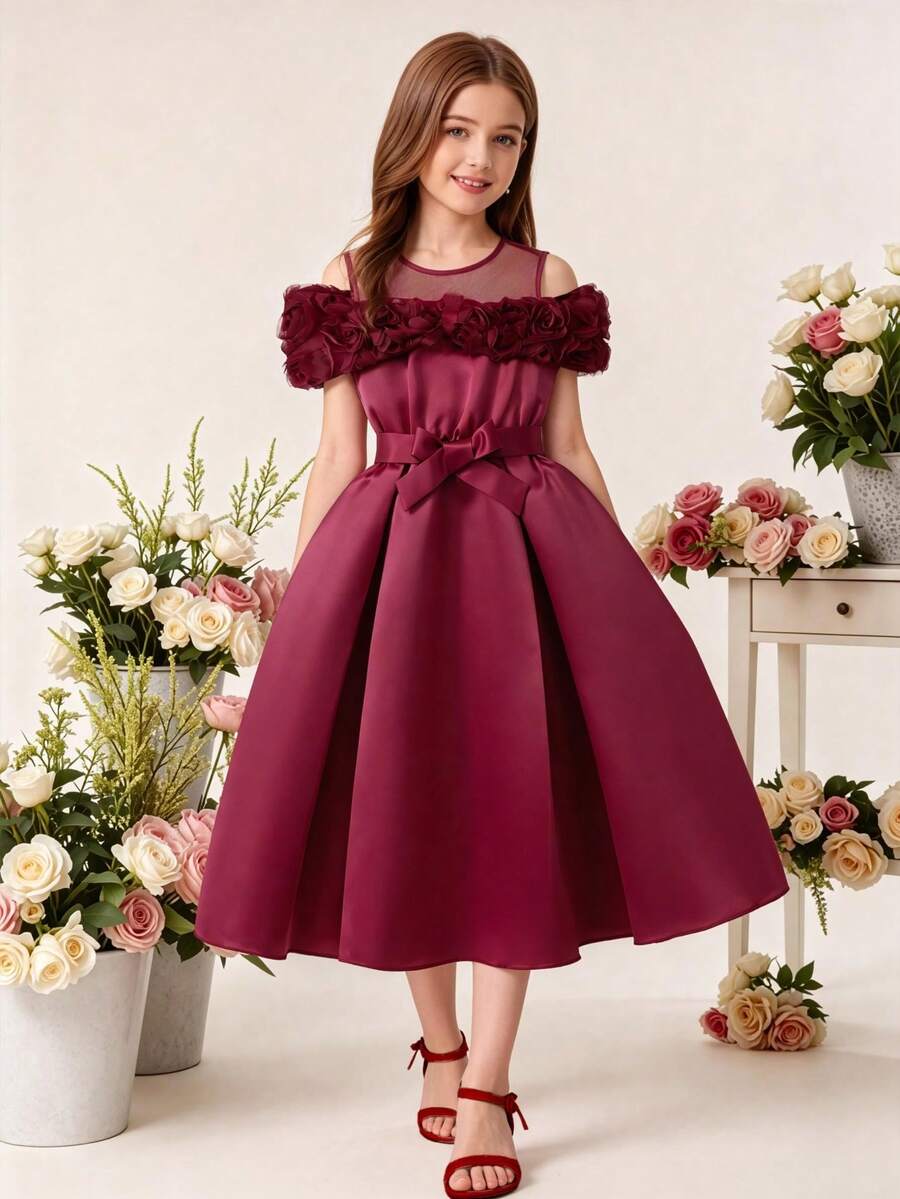Tween girls dusty blue casual A-line dress with round neck, ruffle accents, high waist, and flared hem.
