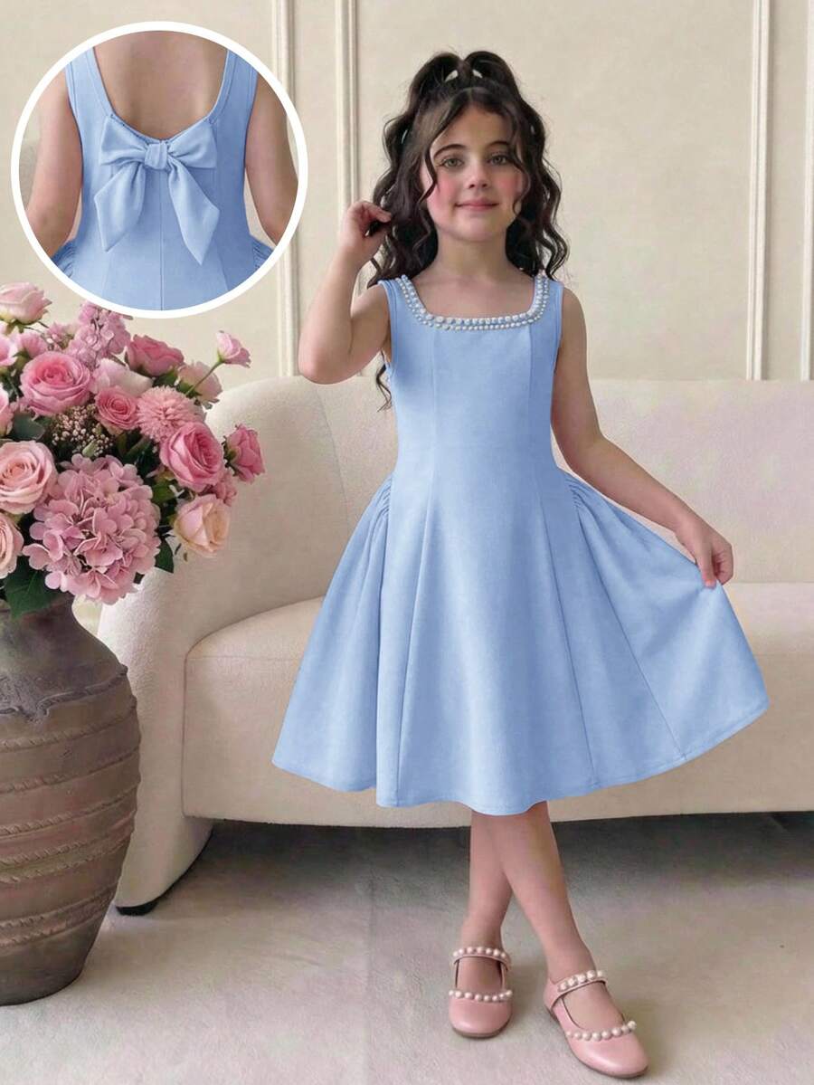 Sleeveless pink square neck A-line dress for tween girls featuring pearl embellishments and a high-waist slim fit design.