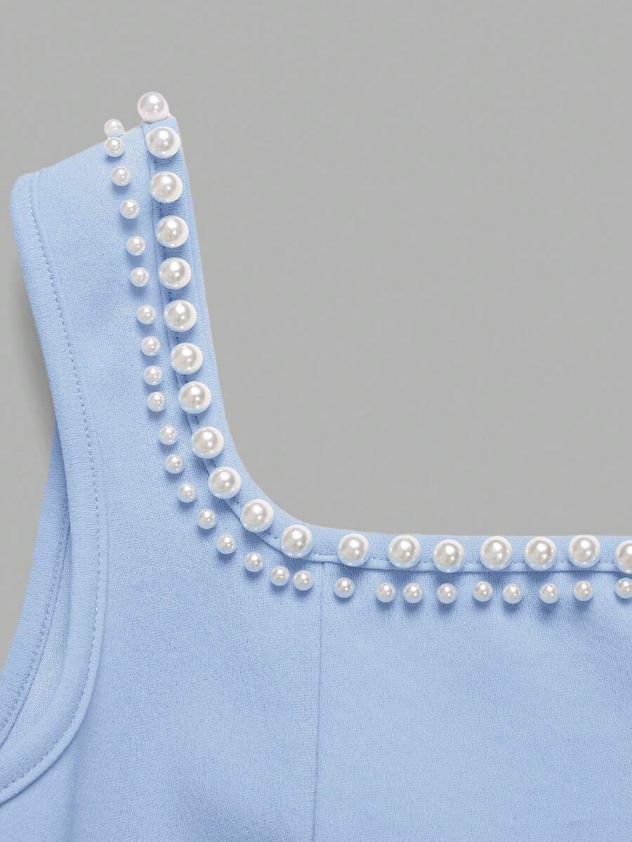 Sleeveless pink square neck A-line dress for tween girls featuring pearl embellishments and a high-waist slim fit design.