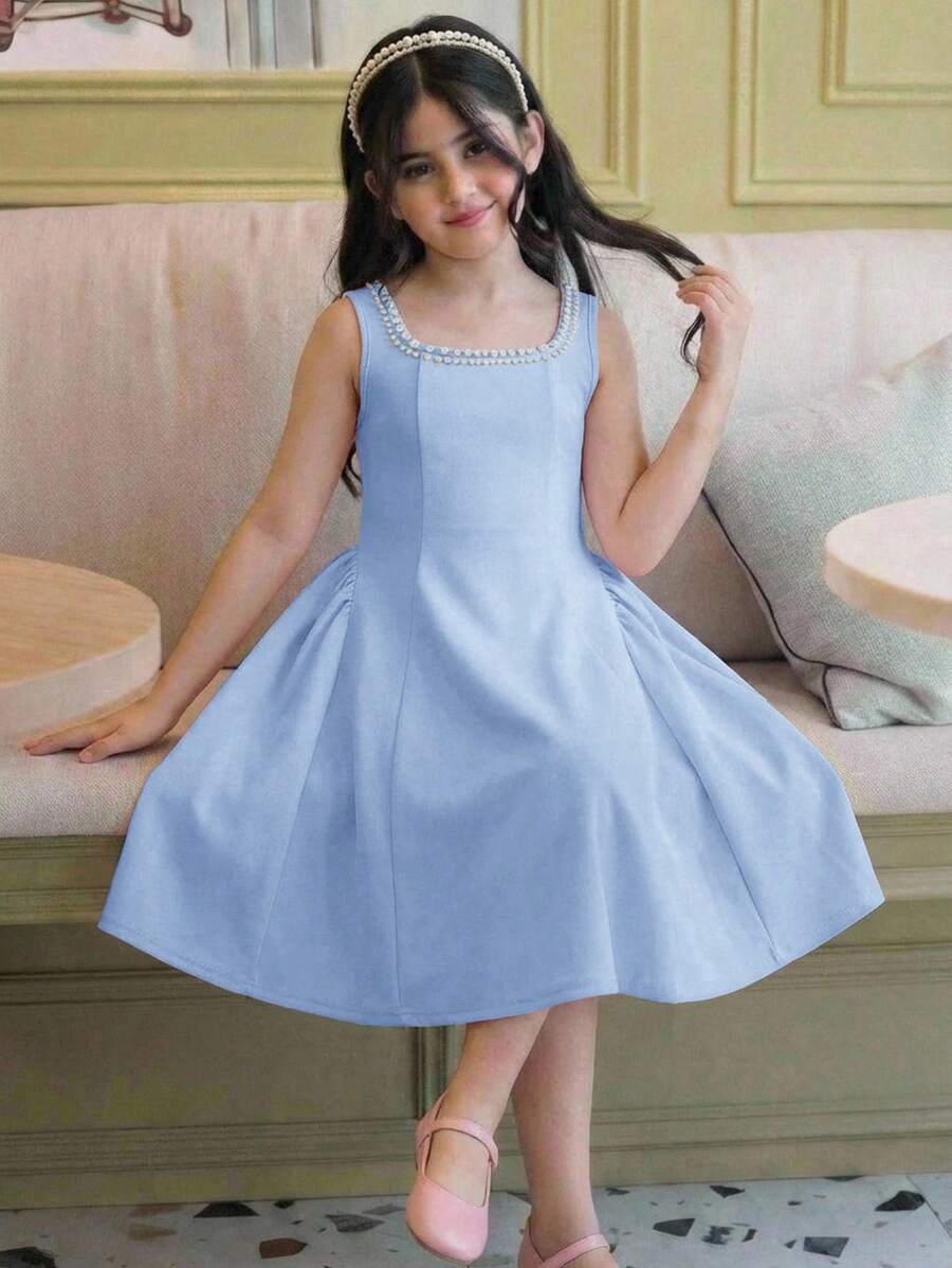Sleeveless pink square neck A-line dress for tween girls featuring pearl embellishments and a high-waist slim fit design.