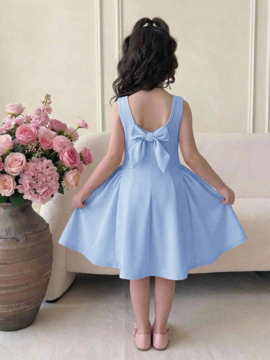 Sleeveless pink square neck A-line dress for tween girls featuring pearl embellishments and a high-waist slim fit design.