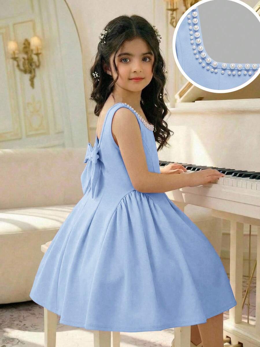 Sleeveless pink square neck A-line dress for tween girls featuring pearl embellishments and a high-waist slim fit design.