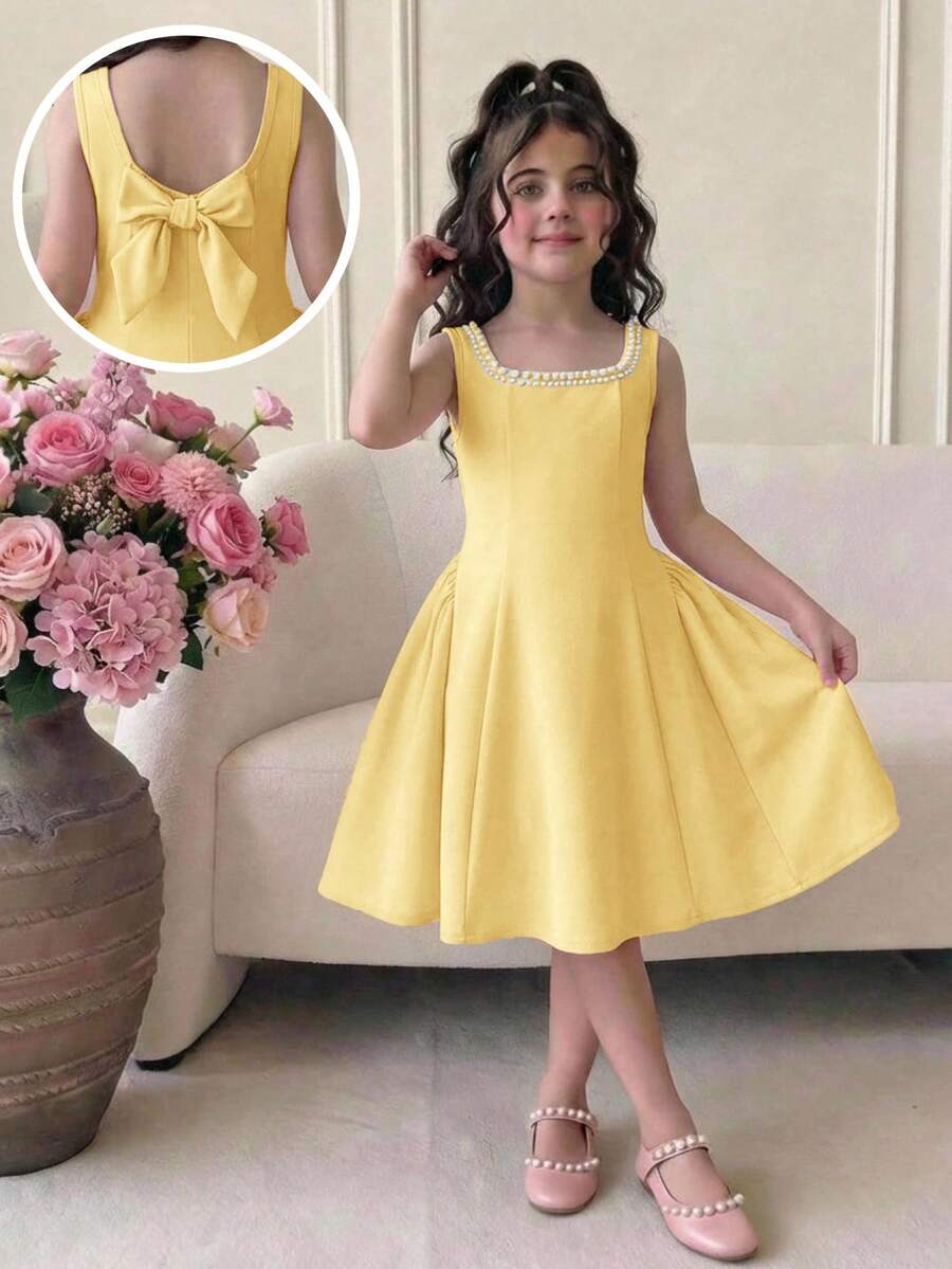 Sleeveless pink square neck A-line dress for tween girls featuring pearl embellishments and a high-waist slim fit design.