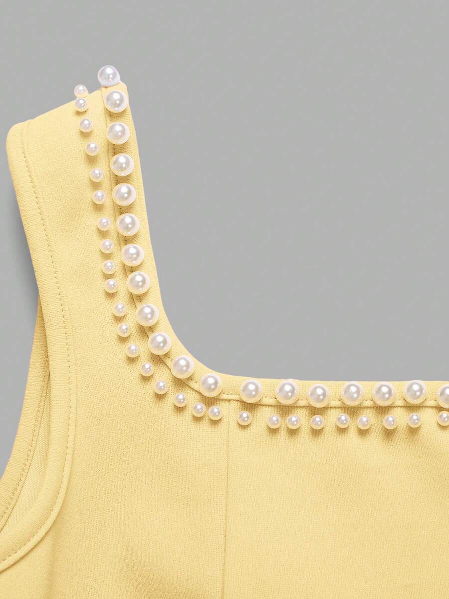 Sleeveless pink square neck A-line dress for tween girls featuring pearl embellishments and a high-waist slim fit design.