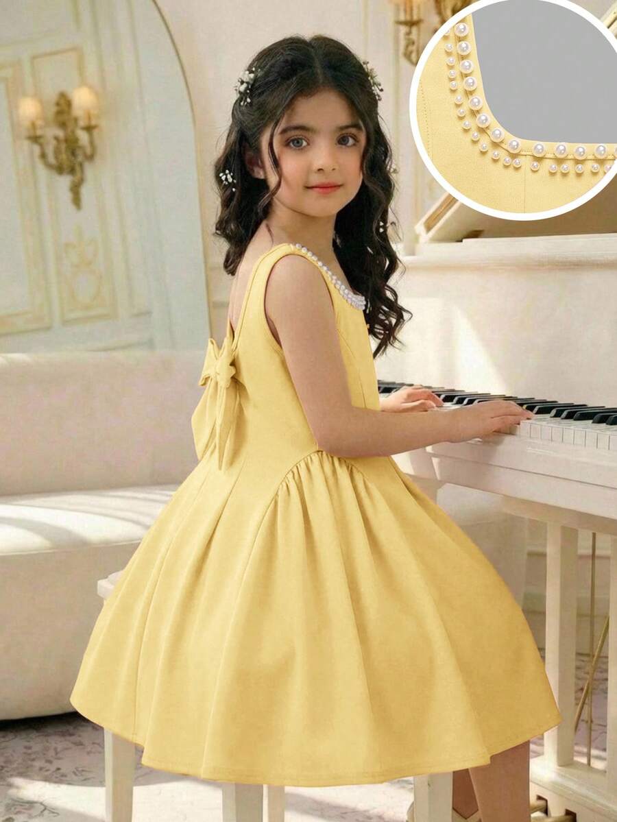 Sleeveless pink square neck A-line dress for tween girls featuring pearl embellishments and a high-waist slim fit design.