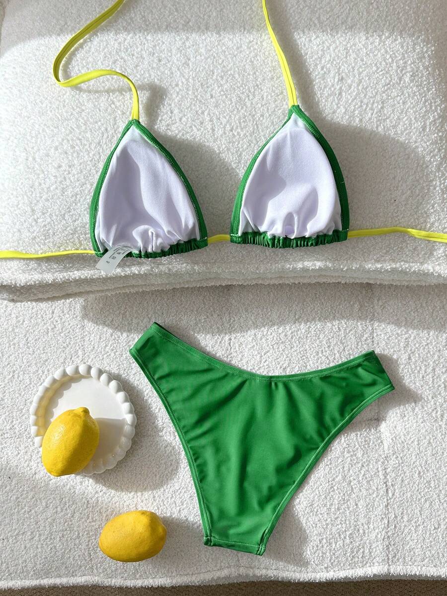 Women's apricot 2-piece halter bikini set featuring a wireless triangle top with tie-back detail and high-waisted high-cut bottoms.