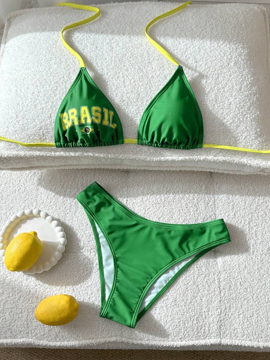 Women's apricot 2-piece halter bikini set featuring a wireless triangle top with tie-back detail and high-waisted high-cut bottoms.