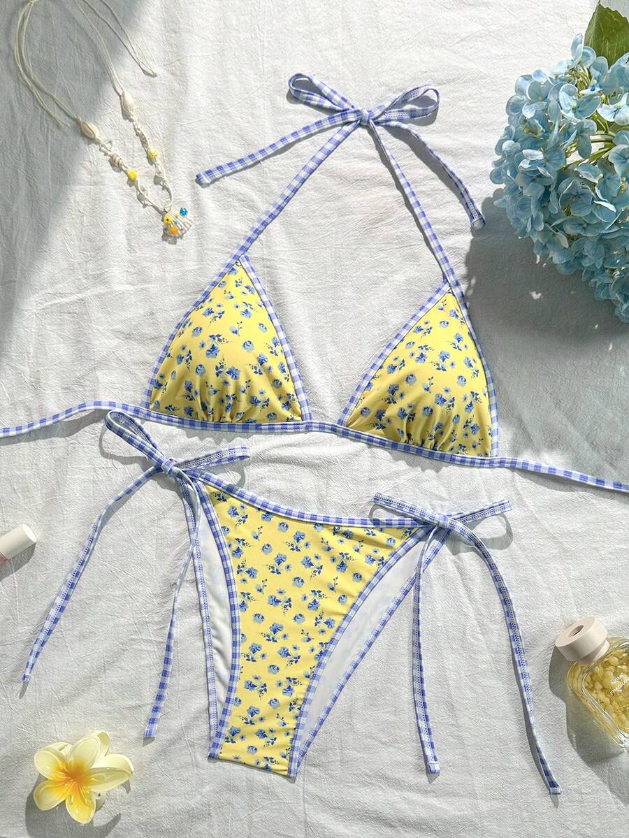 Women's apricot solid halter tie bikini top with triangle cups and matching tie-side swimsuit bottoms.