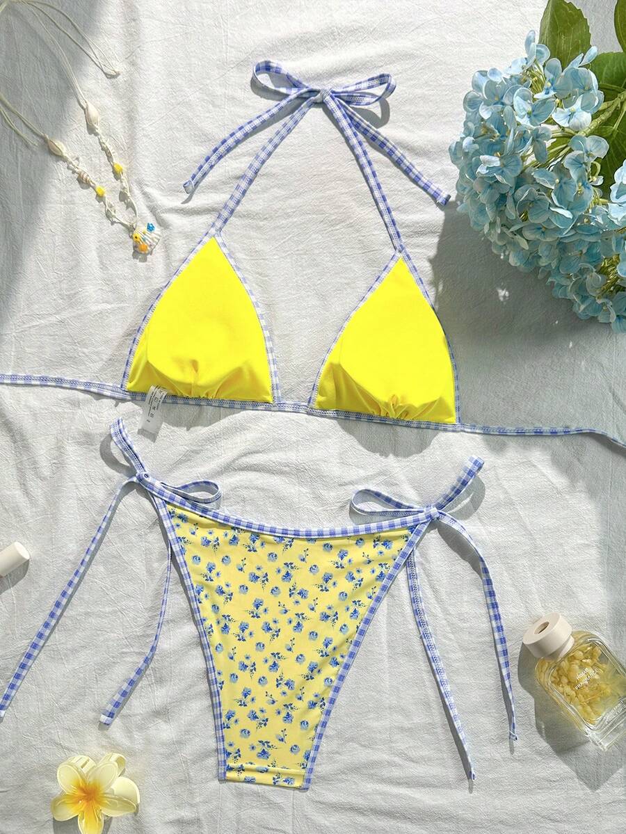 Women's apricot solid halter tie bikini top with triangle cups and matching tie-side swimsuit bottoms.