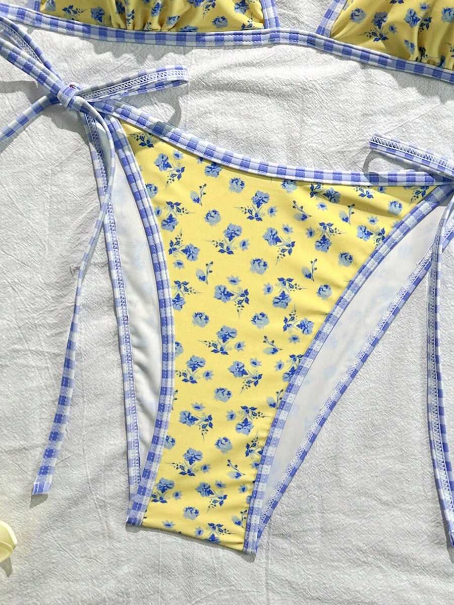 Women's apricot solid halter tie bikini top with triangle cups and matching tie-side swimsuit bottoms.