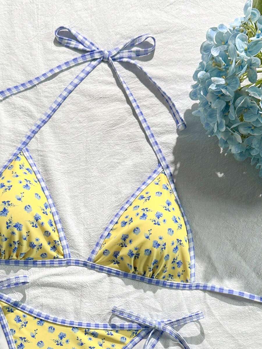 Women's apricot solid halter tie bikini top with triangle cups and matching tie-side swimsuit bottoms.