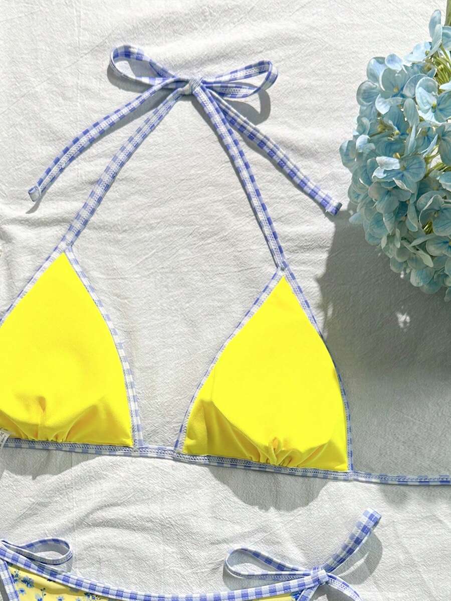 Women's apricot solid halter tie bikini top with triangle cups and matching tie-side swimsuit bottoms.