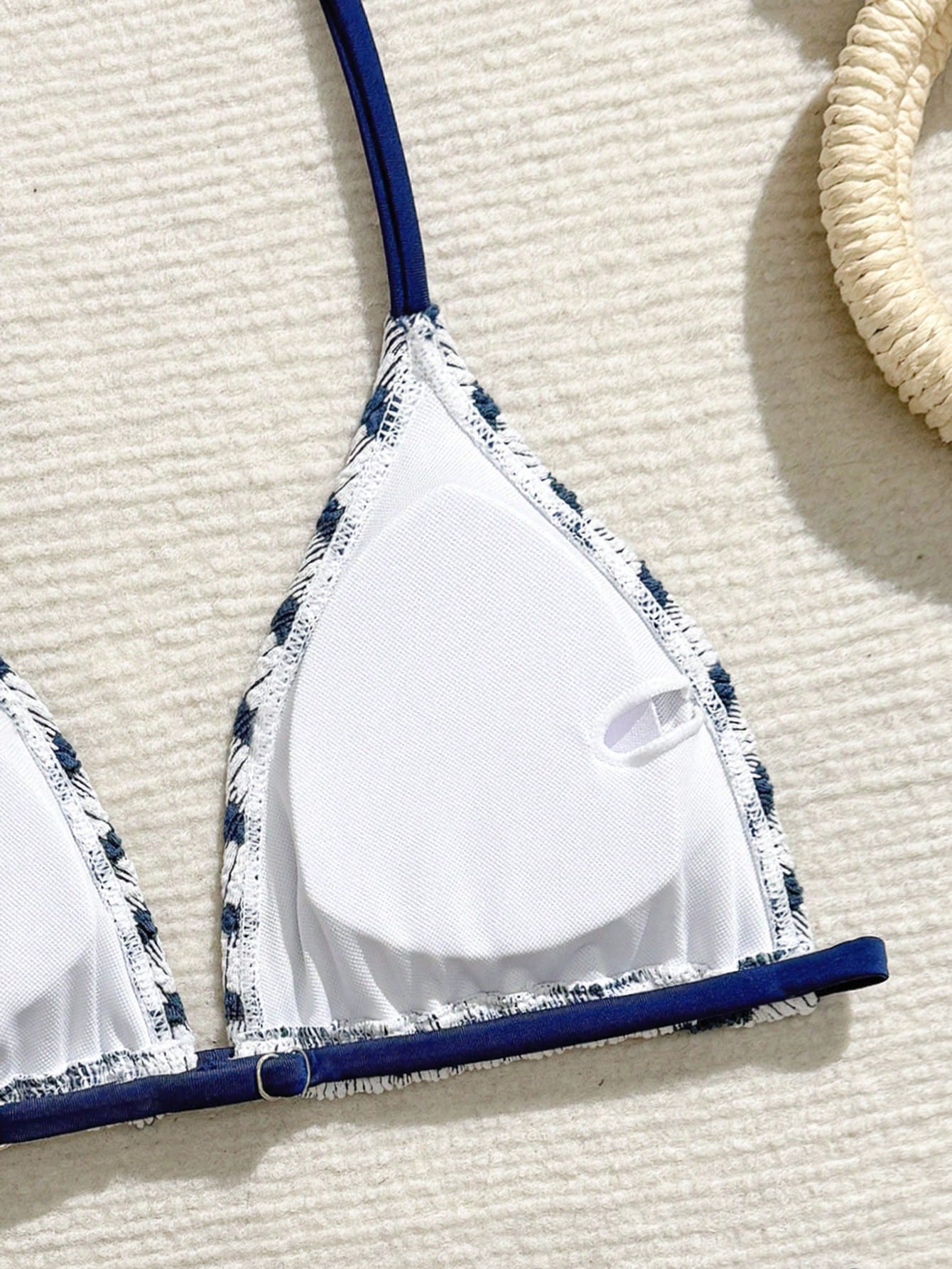 Tween girls blue and white striped two-piece bikini set with halter triangle top and mid-waist short bikini bottoms for beach and vacation swimwear.