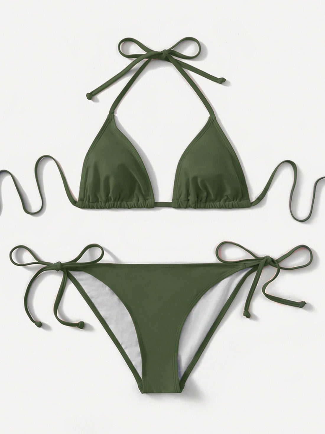 Women's high waist halter tie bikini swimwear set featuring triangle cups, wireless bra with removable padding, and tie side bottoms.