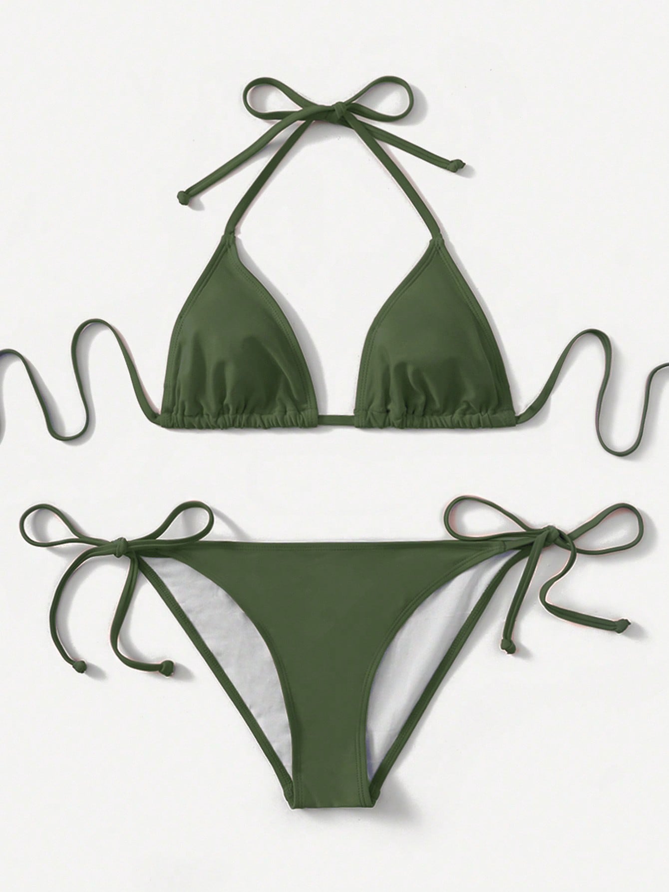 Women's high waist halter tie bikini swimwear set featuring triangle cups, wireless bra with removable padding, and tie side bottoms.