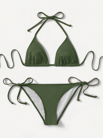 Women's high waist halter tie bikini swimwear set featuring triangle cups, wireless bra with removable padding, and tie side bottoms.