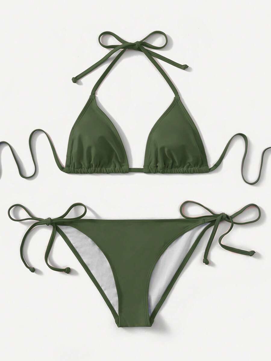 Women's high waist halter tie bikini swimwear set featuring triangle cups, wireless bra with removable padding, and tie side bottoms.