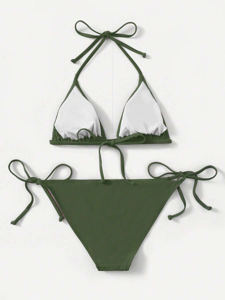 Women's high waist halter tie bikini swimwear set featuring triangle cups, wireless bra with removable padding, and tie side bottoms.