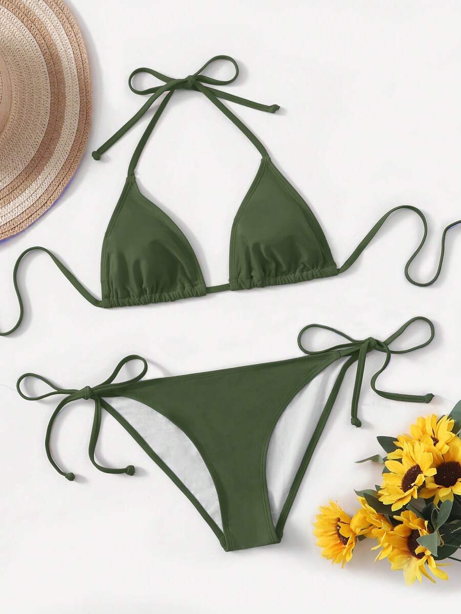 Women's high waist halter tie bikini swimwear set featuring triangle cups, wireless bra with removable padding, and tie side bottoms.