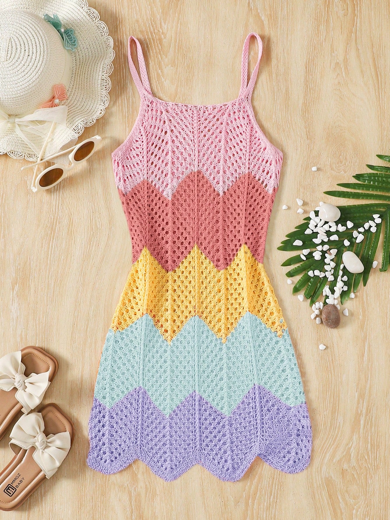Girls' Summer Crochet Mesh Cami Dress Cover-Up, White Casual Beach Vacation Tween Girl