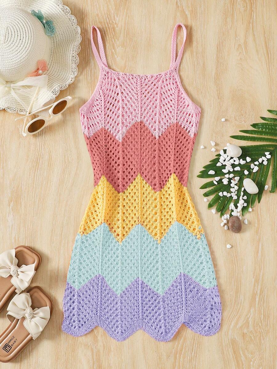 Girls' Summer Crochet Mesh Cami Dress Cover-Up, White Casual Beach Vacation Tween Girl
